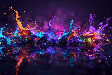 : A chaotic blend of dynamic paint splashes in neon colors, forming a visually stunning abstract scene on a dark reflective surface.