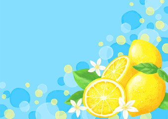 レモンのイラストの背景素材　ベクター要素　文字スペースあり　水玉模様のカラー背景　水彩テイスト