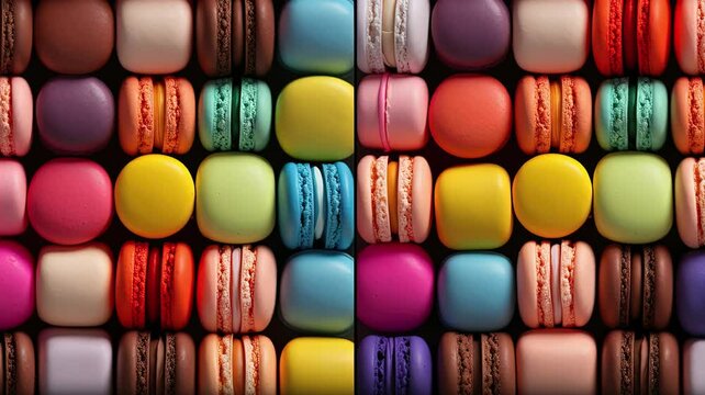 sweet macaroons with appetizing looks with various color, image video HD 4K a background for national macaron day and world food day