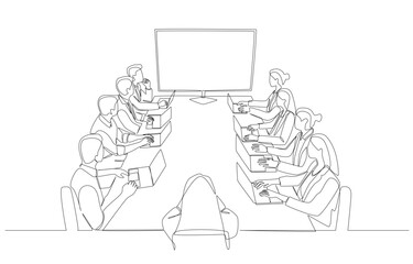 Continuous one line drawing of employees doing work conference with a female manager, business team meeting concept, single line art.