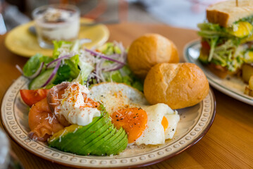 Avocado with smoked salmon salad at coffee shop