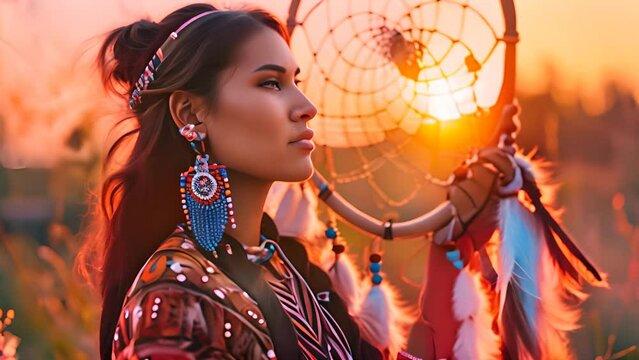 Native Woman with Dreamcatcher at Sunset with Ai generated.
