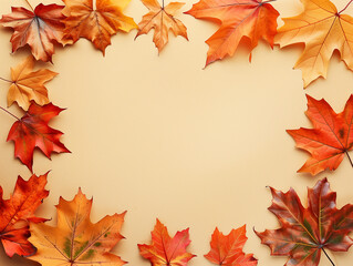 Fototapeta premium Abstrakter Herbstrahmenhintergrund. Farbige Ahorn-Herbstblätter vor hellbraunem Hintergrund 