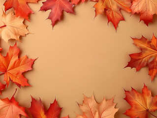 Abstrakter Herbstrahmenhintergrund. Farbige Ahorn-Herbstblätter vor hellbraunem Hintergrund 