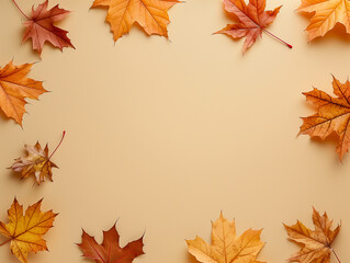 Fototapeta premium Abstrakter Herbstrahmenhintergrund. Farbige Ahorn-Herbstblätter vor hellbraunem Hintergrund 