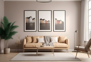 Frame mockup A paper size. Interior mockup with house background. Living room wall poster mockup design.  Modern interior design. 3D render