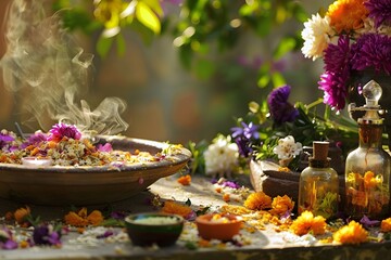 A table is covered with flowers and a bowl of food. The bowl of food is surrounded by flowers and has a lot of smoke coming from it. Scene is somewhat mysterious and intriguing, as the smoke