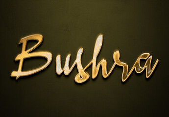 Old gold text effect of Arabic name Bushra with 3D glossy style Mockup	.