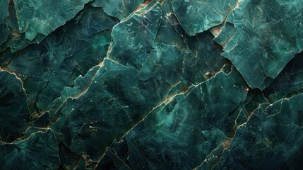 Close-up shot of a dark green malachite texture featuring natural patterns and golden veins...