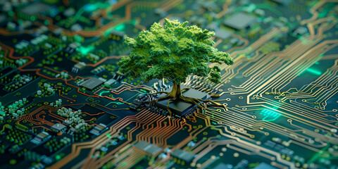 Green natural eco-friendly tree and computer technology on an abstract high-tech futuristic background of microchips and computer circuit boards with transistors.
