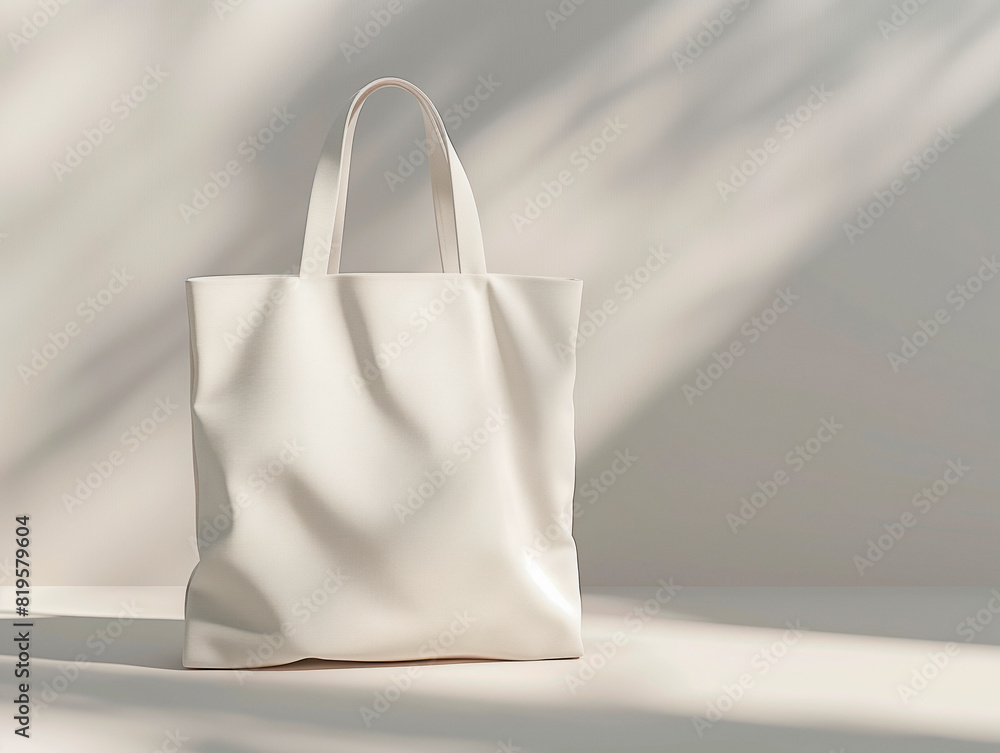 Poster white tote bag on a neutral background with soft shadows, mockup for designs. generative ai
