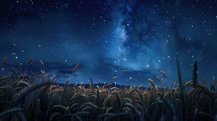 Tranquil scenery of a star-filled night sky above a serene field of wheat, presenting a natural and...