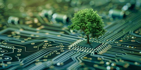 Tree Symbolizing Green Technology And Sustainability Grows From Computer Circuit Board. Concept Eco-Friendly Technology, Sustainable Growth, Tree On Circuit Board, Green Innovation.
