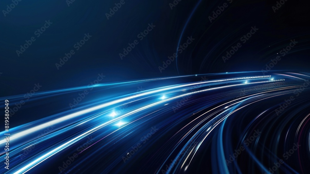 Poster dynamic blue light trails with a sense of motion and technology on a dark background, hinting at spe