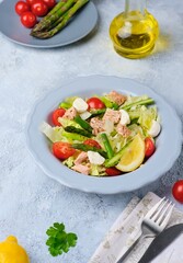 Salad with asparagus, canned tuna, tomatoes and mozzarella cheese on a ceramic plate on a light concrete background. Healthy eating, lifestyle.