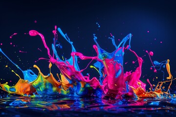 : Dynamic paint splashes in neon colors, intertwining and colliding in mid-air, set against a dark blue backdrop.