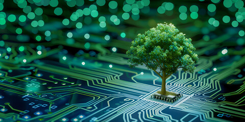 A tree flourishing at the convergence of a computer circuit board, symbolizing green computing and sustainable technology. 
