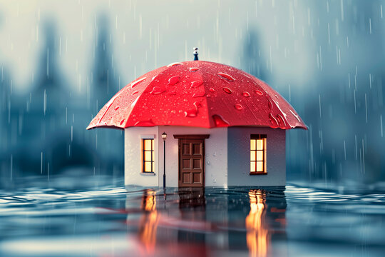 A small house with an umbrella roof in the rain, surrounded by water. Concept of home insurance and property protection.  Generative AI