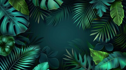 Lush green tropical leaves frame a dark, moody background, giving a sense of mystery and exotic appeal in this image