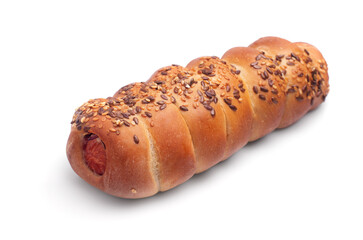 One delicious sausage roll isolated on white