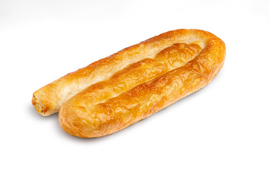 catalog bakery borek, burek vertuta Spiral-shaped Greek Cheese pie filling meat or cottage cheese on white background isolate. With clipping path for design menu