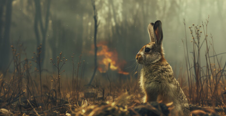 The concept of saving wild animals from forest fires. A cute young hare is sitting on a field...