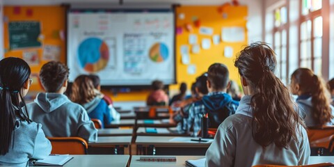 Instructor, lecture and assessment with instruction, aid and assistance for learning and understanding. Male, adolescent and lecture hall with institution, evaluation and secondary education 