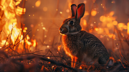 A furry, frightened hare stands in a field with burning grass. The rabbit looks into the camera, and the scene is filled with orange and yellow hues