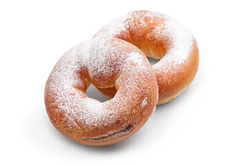 Fresh donut , hole and topping with sugar top view isolated on white background