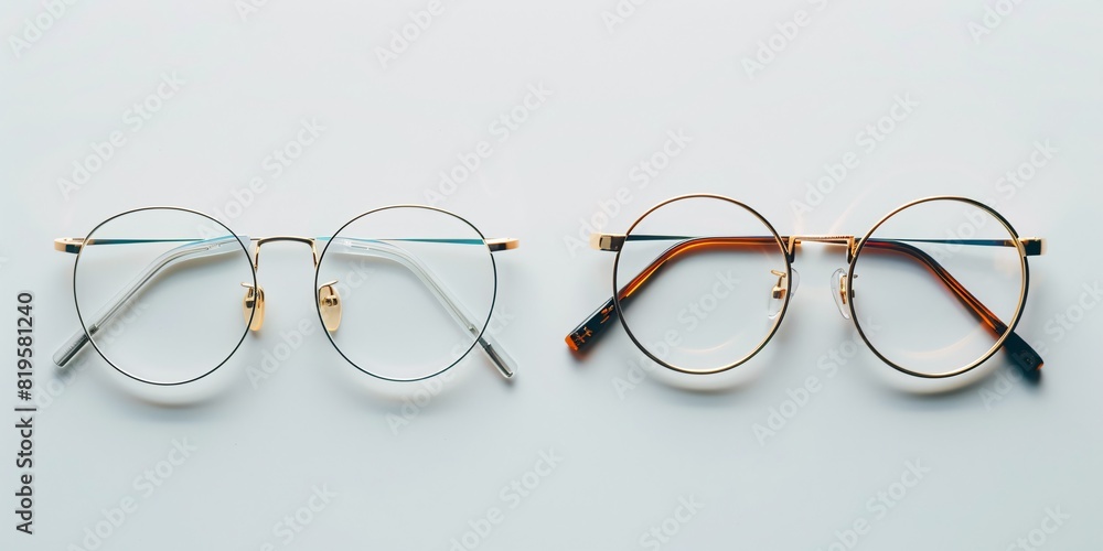 Wall mural two sets of plastic and metal glasses on a white background, showcasing minimalist eyewear fashion a