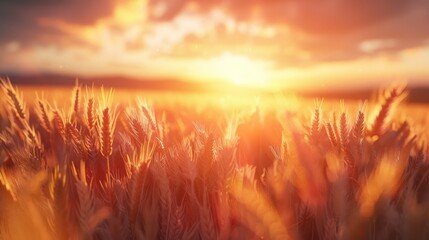 A scenic view of a ripe wheat field glowing under a vibrant sunset with warm colors dominating the landscape