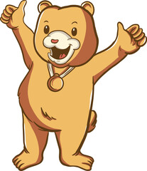 cute bear wearing medallion cartoon illustration design giving two thumbs up.eps