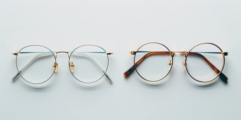 Two sets of plastic and metal glasses on a white background, showcasing minimalist eyewear fashion and a promotion at an optical store.