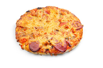 Frozen pizza on a white background. Semi-finished pizza isolated on white background. Top view.