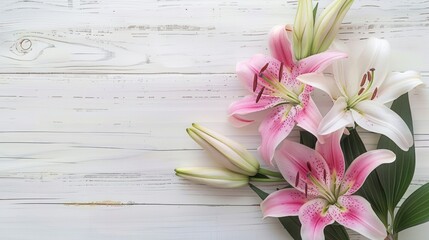 A top-down image of fresh pink and white lilies with buds on a white rustic wooden background, with space for text on the side © Maftuh