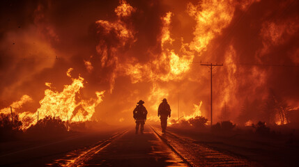 Fototapeta premium Two brave firefighters are going to put out a forest fire. A group of firefighters are walking along the road in front of the fire. 