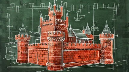 Brick Red Castle Sketch, Historical Architecture Lessons on School Blackboard