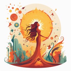 Abstract illustration of a woman with flowing hair standing under a bright sun with nature elements and warm colors.