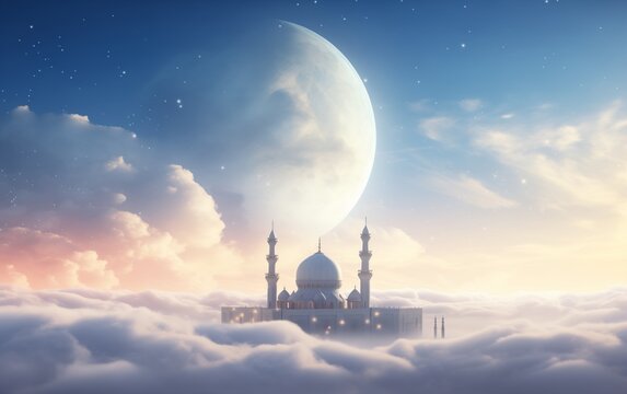 White mosque on blue sky background for Islamic holiday flyers and banners