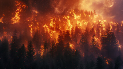 The silhouette of burning trees against a yellow-red fiery flame. A forest fire is raging in a...