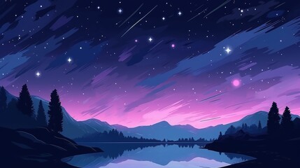 Beautiful night sky with shooting stars, mountains, and a serene lake reflecting the celestial wonders. Captivating illustration of nature's beauty.