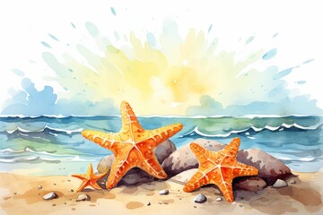 Beautiful watercolor painting of starfish on a sandy beach with ocean waves and a bright sun in the background.