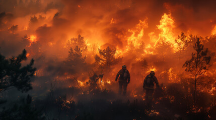 Fototapeta premium Two brave firefighters are walking through a forest fire. The fire is very large and spreads quickly. Firefighters in protective gear