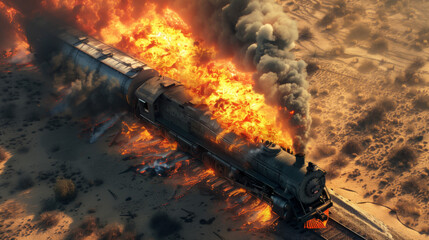 Aerial view of an old fuel train engulfed in fire, riding on rails in the desert. The train is engulfed in flames and shrouded in smoke