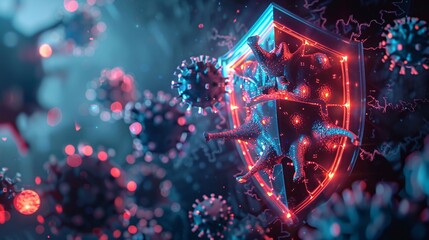 A glowing shield protecting against virus particles in a futuristic, digital setting, symbolizing cybersecurity and protection.