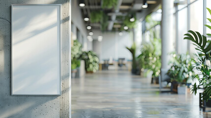An empty poster frame mounted on a textured concrete pillar in an airy office space with indoor plants, modern design style. Generative AI
