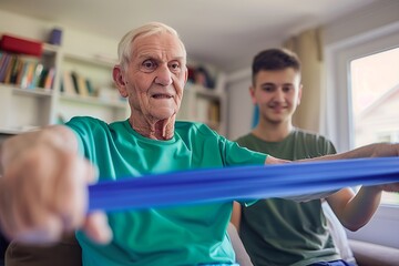 Old man doing physical exercise stretching for a better quality of life