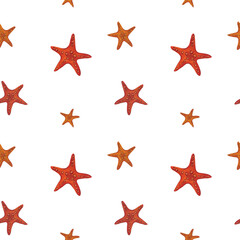 Starfish on a white background. Watercolor illustration. Seamless pattern. For fabrics, textiles and wallpaper, prints, wrapping paper and design