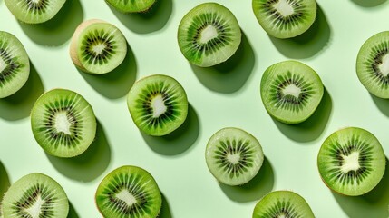 Fototapeta premium Fresh kiwi fruit slices arranged in a pattern on a green background. Healthy, vibrant, and refreshing snack. Perfect for diet and nutrition concepts.