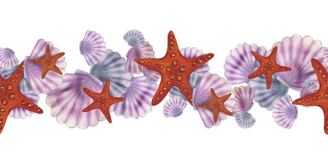 Starfish and scallop shells. Seamless border pattern isolated on white background. Hand drawn watercolor illustration. For design, invitations, cards, decoration